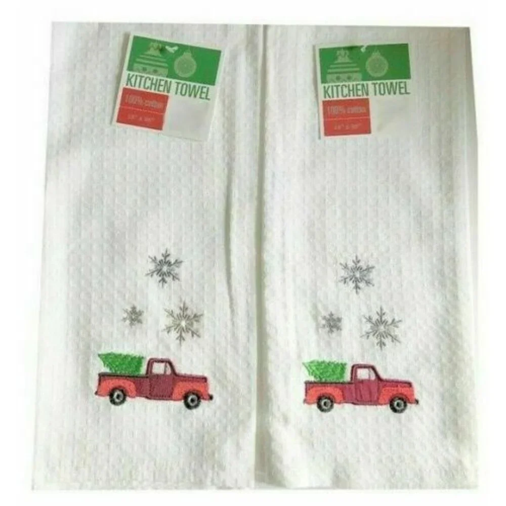 Christmas Dish Towels Set of 2 Red Farm Truck Waffle Weave Kitchen Embroidered